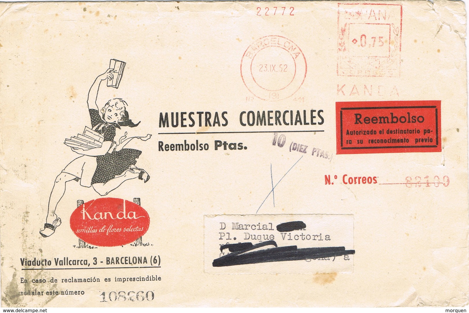 30997. Carta Contra Reembolso BARCELONA 1952. Franqueo Mecanico. Publicidad KANDA. TASA, Taxe - Cartas & Documentos