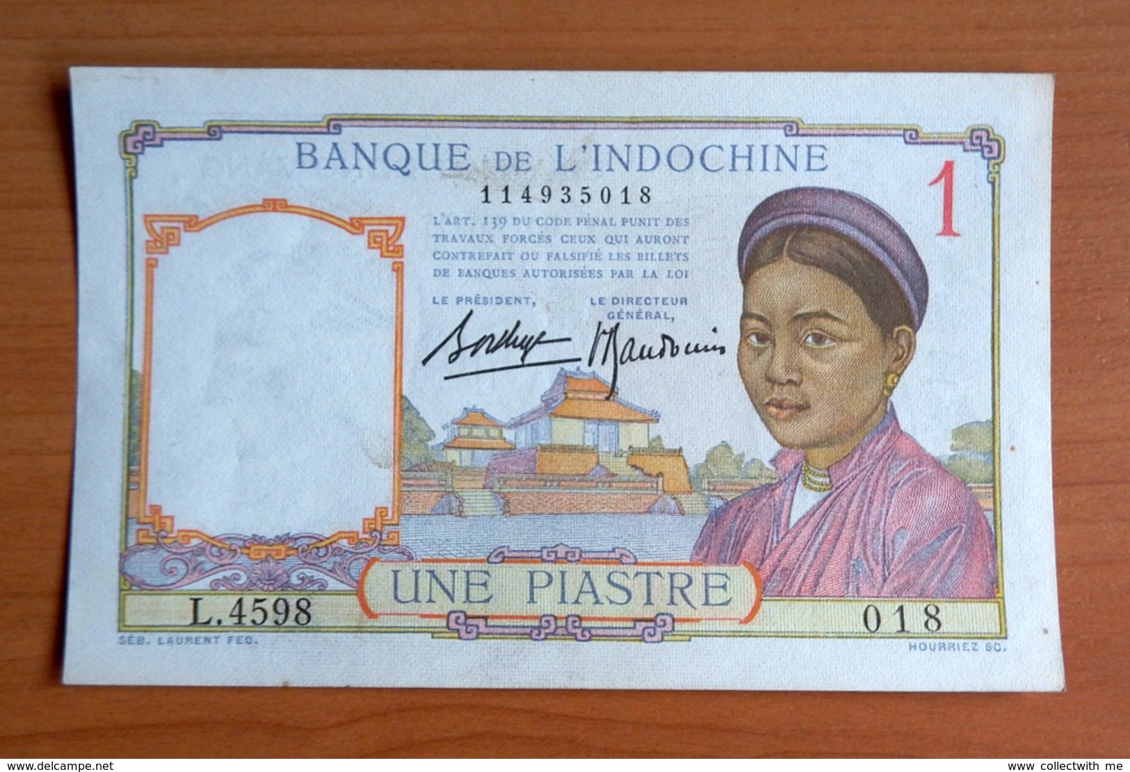 French Indochina 1 Piastre (1932-1939) P-54b (aUNC-UNC) - Indochine