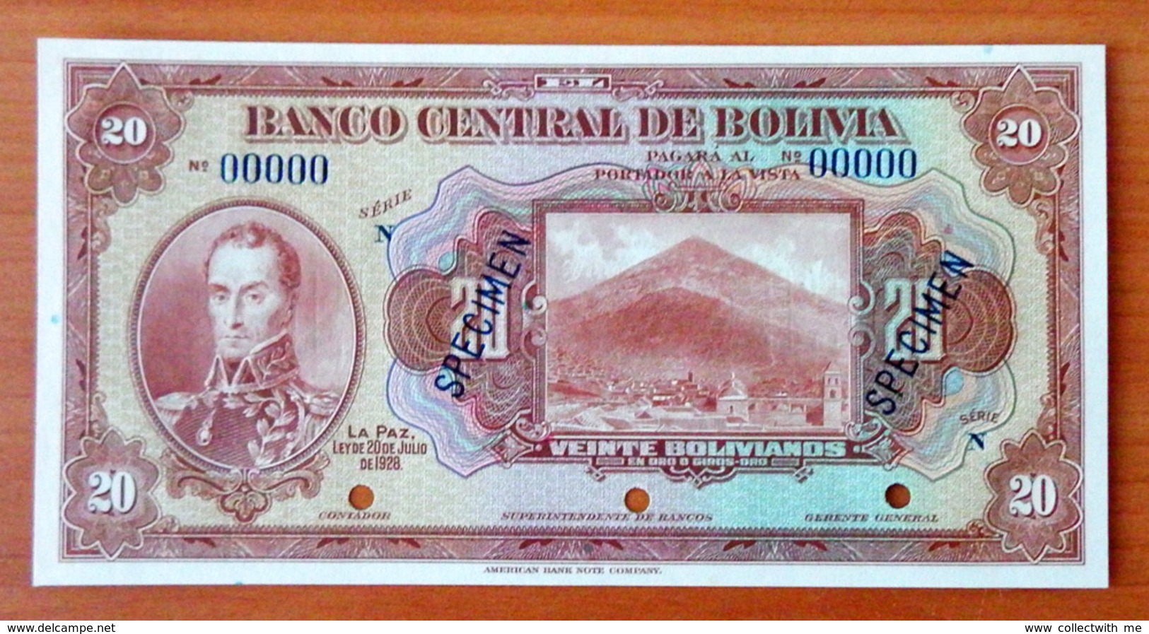 Bolivia 20 Bolivianos 1928 UNC Specimen P-122s Serie N - Bolivia