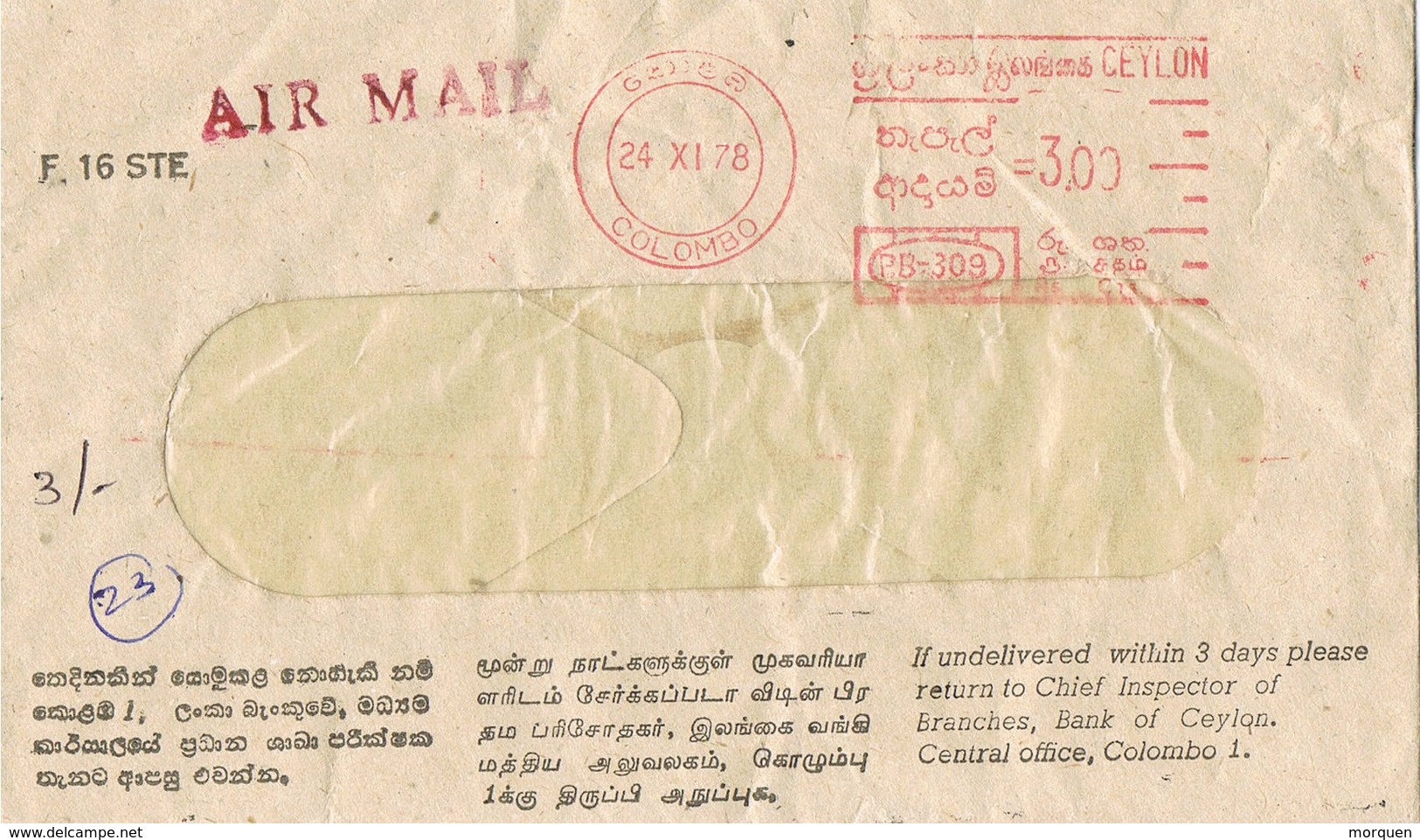 31007. Carta Aerea COLOMBO (Ceilan) 1978. Franqueo Mecanico - Sri Lanka (Ceilán) (1948-...)