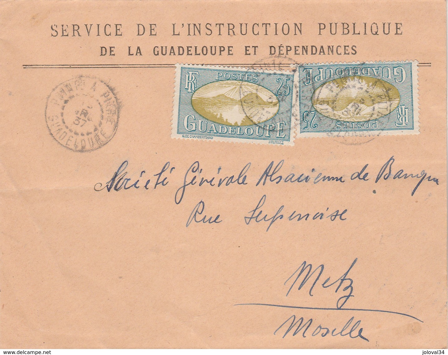 Guadeloupe Yvert 106 X 2 Lettre Entête Service Instruction Civique POINTE A PITRE 1937 à Metz - Lettres & Documents