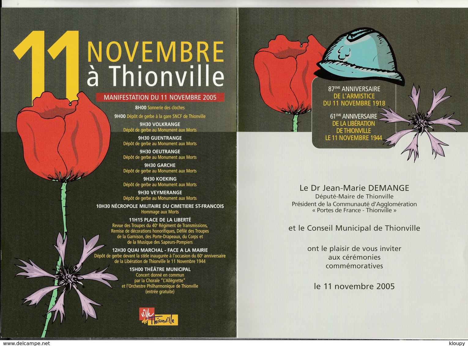 L 3 - Invitation Mairie THIONVILLE  - 87 éme Anniversaire Armistice - Autres & Non Classés