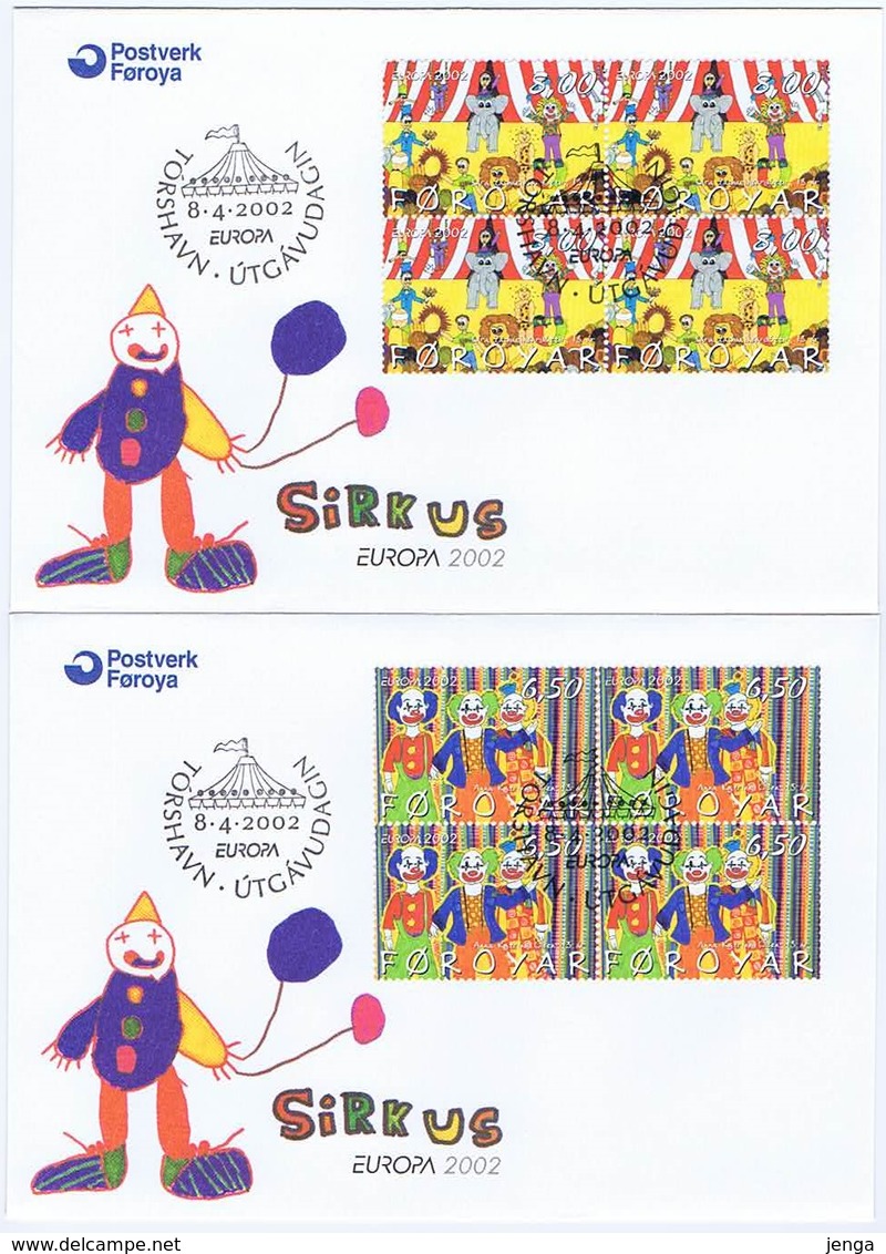 Faroe Islands; 2002 Europa - CEPT; Circus  - Set Of 2 In Block Of 4 On FDC. - 2002