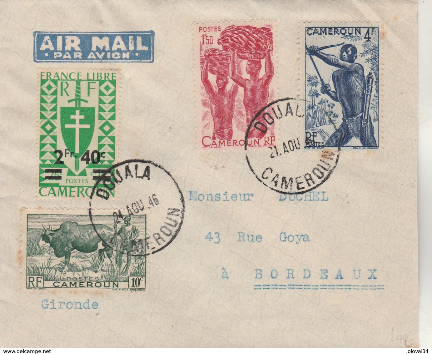Cameroun Lettre DOUALA 24/8/1946 Pour Bordeaux Gironde - Briefe U. Dokumente