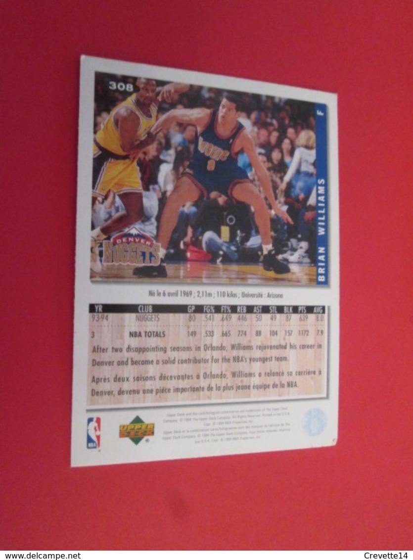 201-225 : TRADING CARD BASKET NBA UPPER DECK 93-94 COLLECTOR'S CHOICE : N°308 DENVER Le Dinosaure BRIAN WILLIAMS - Autres & Non Classés