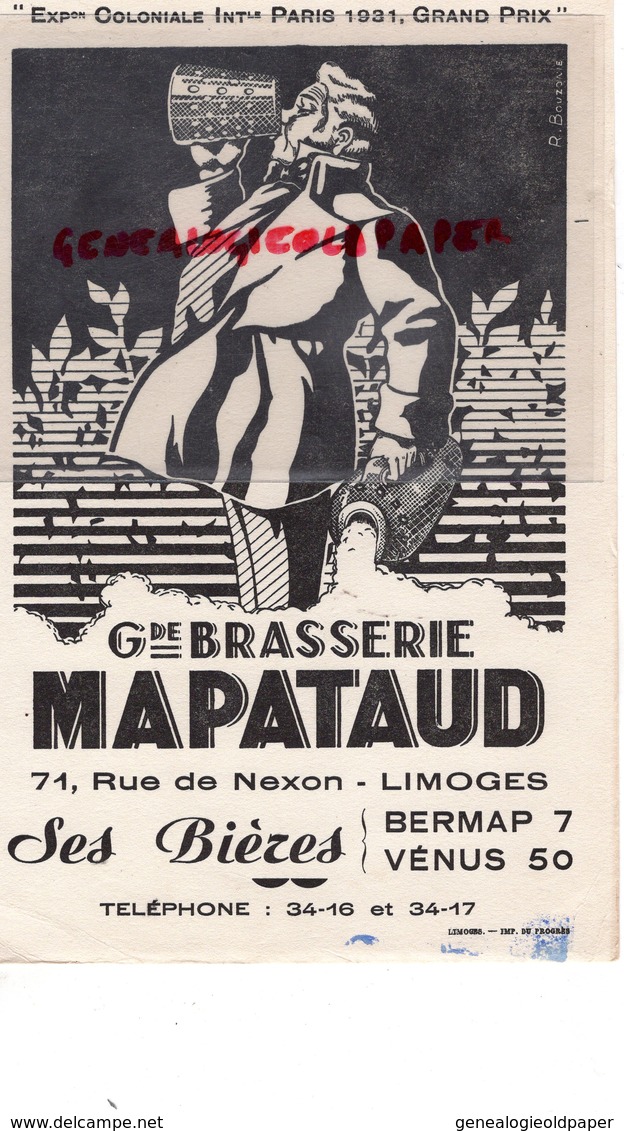 87 - LIMOGES - GRAND BUVARD BRASSERIE MAPATAUD-  EXPOSITION COLONIALE PARIS 1931- BIERES BERMAP 7- VENUS 50 - B