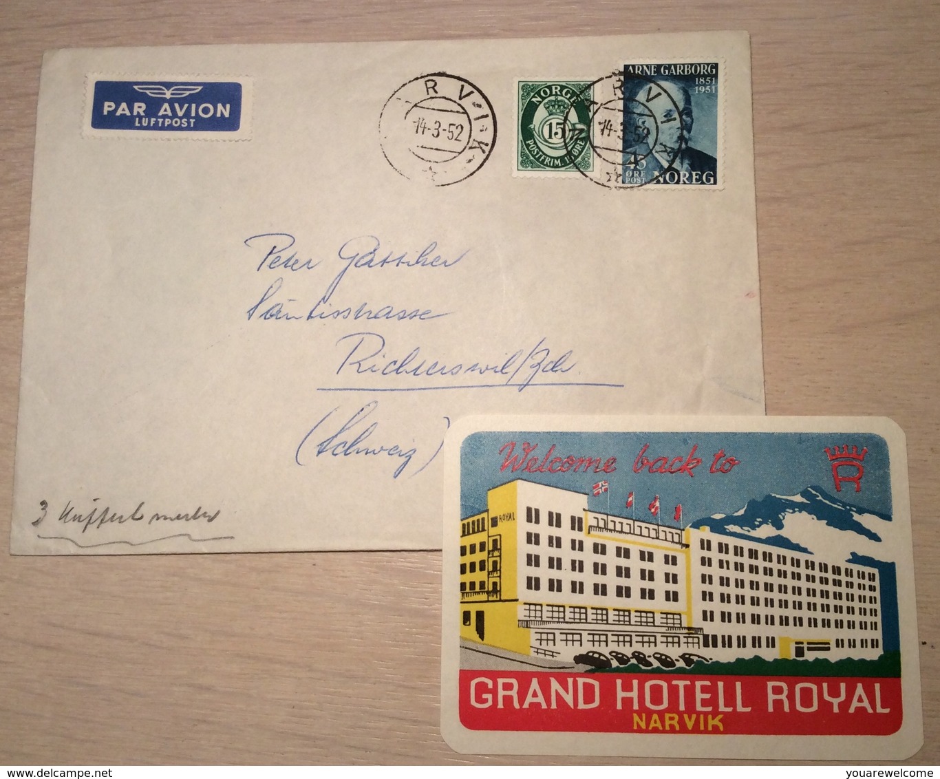 Norway NARVIK 1952 ILLUSTRATED ROYAL GRAND HOTEL Cover > Schweiz + Luggage Label (Brief Advertising Envelope Lettre - Brieven En Documenten