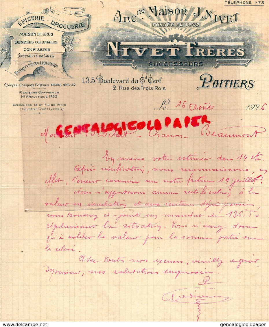 86- POITIERS- LETTRE NIVET FRERES- EPICERIE DROGUERIE CONFISERIE CAFES-1 BOULEVARD DU GRAND CERF-1926 - Chemist's (drugstore) & Perfumery