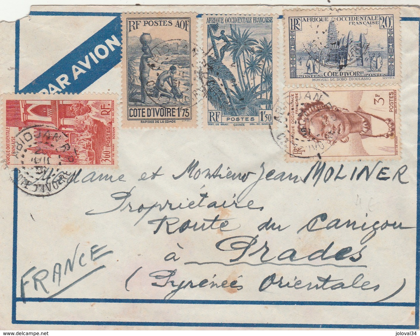 AOF Lettre ABIDJAN Côte D' Ivoire Pour Moliner Prades Pyrénées Orientales - Lettres & Documents