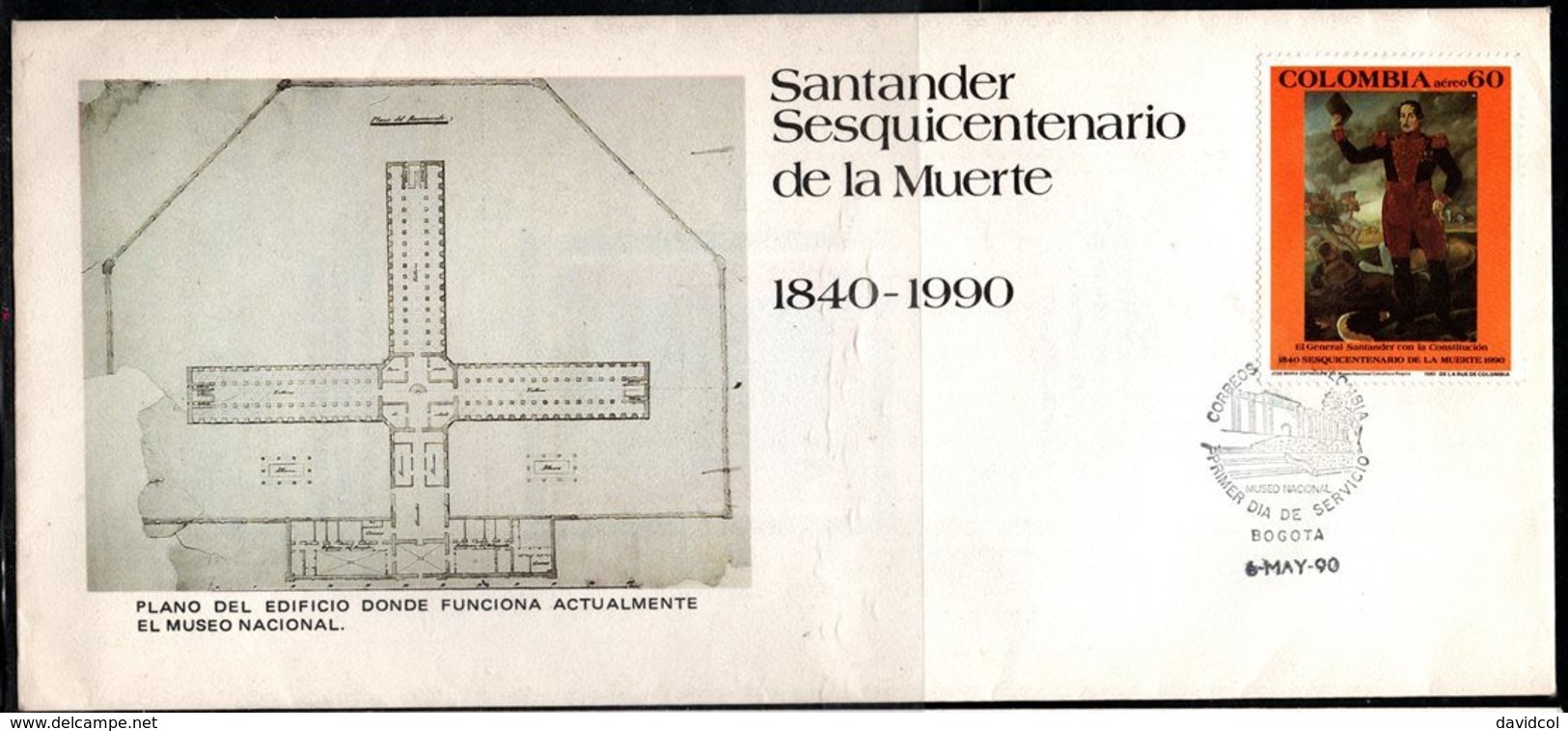 COLOMBIA- KOLUMBIEN - 1990. FDC/ SPD. 150 YEARS OF SANTANDER DEATH. SINGLE COVER - Colombie