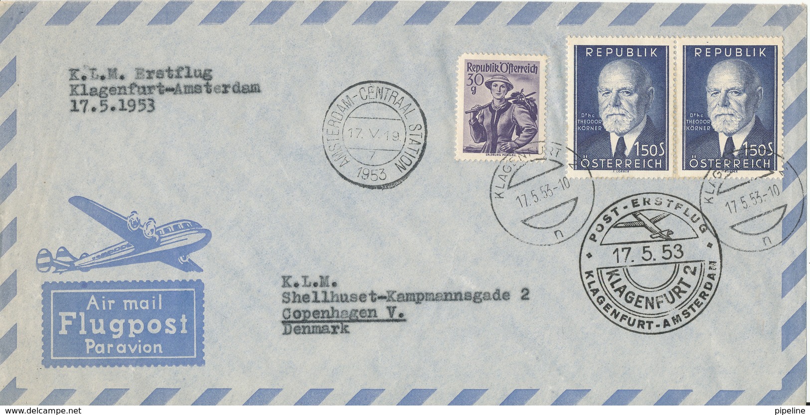 Austria First Flight KLM Klagenfurt - Amsterdam 17-5-1953 Air Mail Cover Sent To Denmark - First Flight Covers
