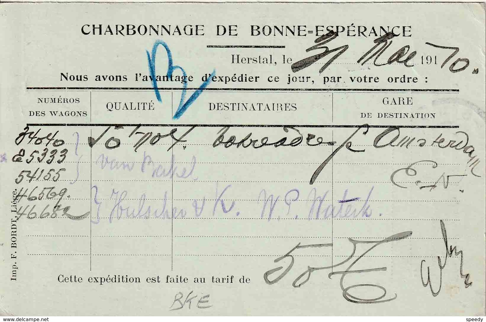 ENTIER (B) REPIQUAGE " HERSTAL  31 MAI 1910" + " CHARBONNAGE DE, BONNE-ESPERANCE / Herstal - Abarten