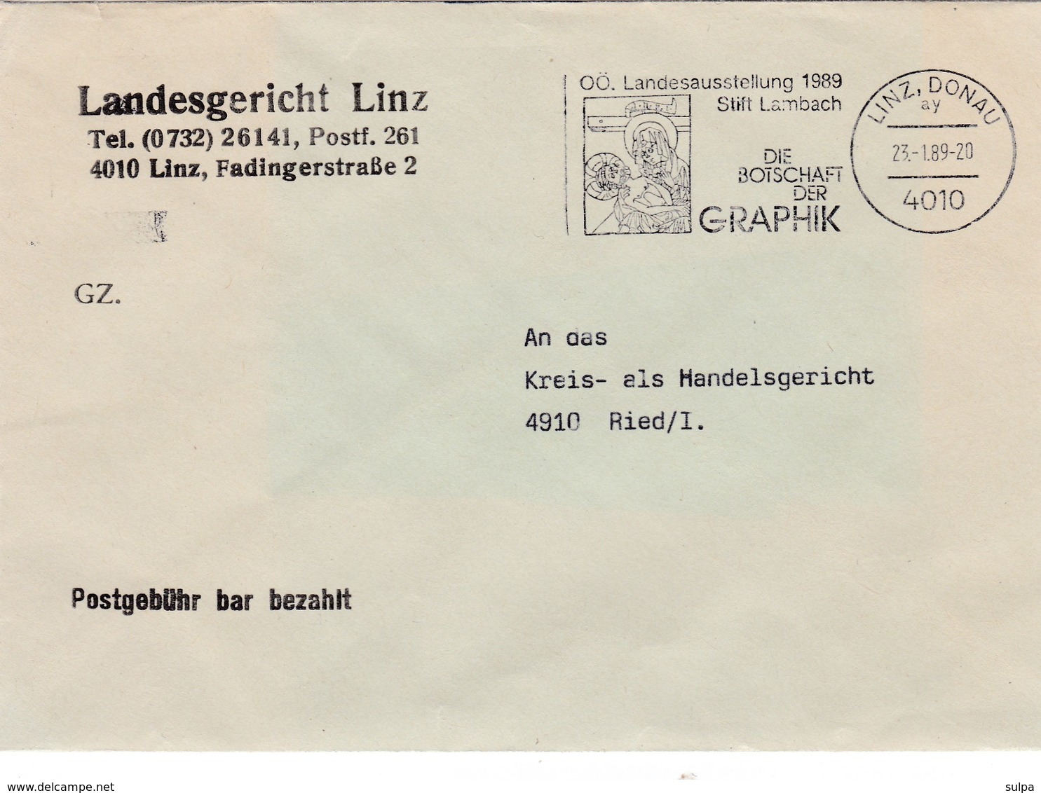 Piétà, Stift Lambach, Stempel Auf "Postgebühr Bar Bezahlt" Brief - Christianity