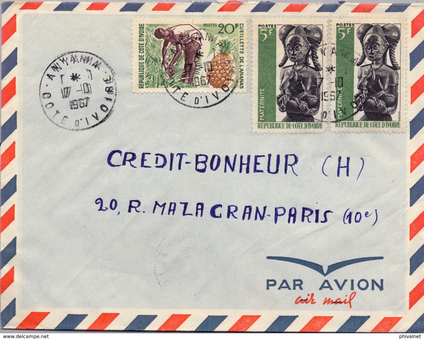 1967 , COSTA DE MARFIL, COTE D'IVOIRE , ANYAMA - PARIS , SOBRE CIRCULADO , CORREO AÉREO - Costa De Marfil (1960-...)