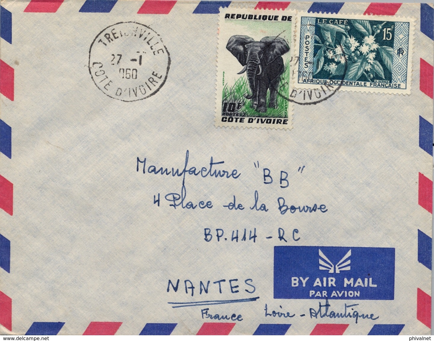 1960 , COSTA DE MARFIL, COTE D'IVOIRE , TREICHVILLE - NANTES , SOBRE CIRCULADO , CORREO AÉREO - Costa De Marfil (1960-...)