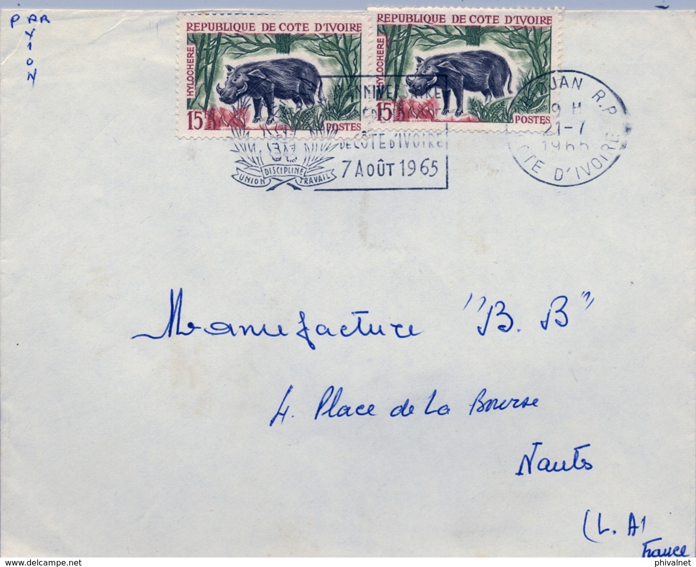 1965 , COSTA DE MARFIL, COTE D'IVOIRE , ABIDJAN - NANTES , SOBRE CIRCULADO , CORREO AÉREO - Costa De Marfil (1960-...)