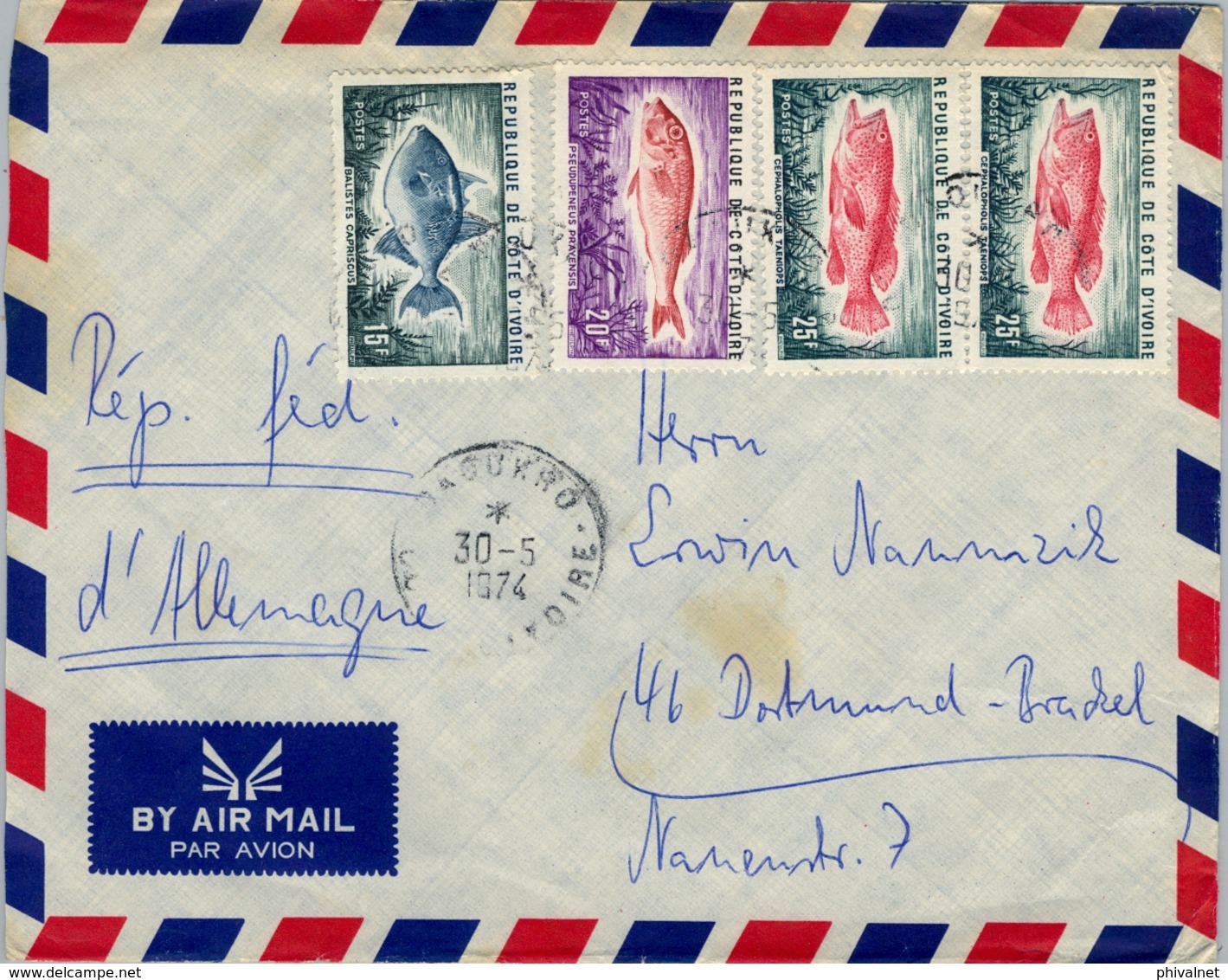 1974 , COSTA DE MARFIL, COTE D'IVOIRE , DAOUKRO - DORTMUND , SOBRE CIRCULADO , CORREO AÉREO - Costa De Marfil (1960-...)