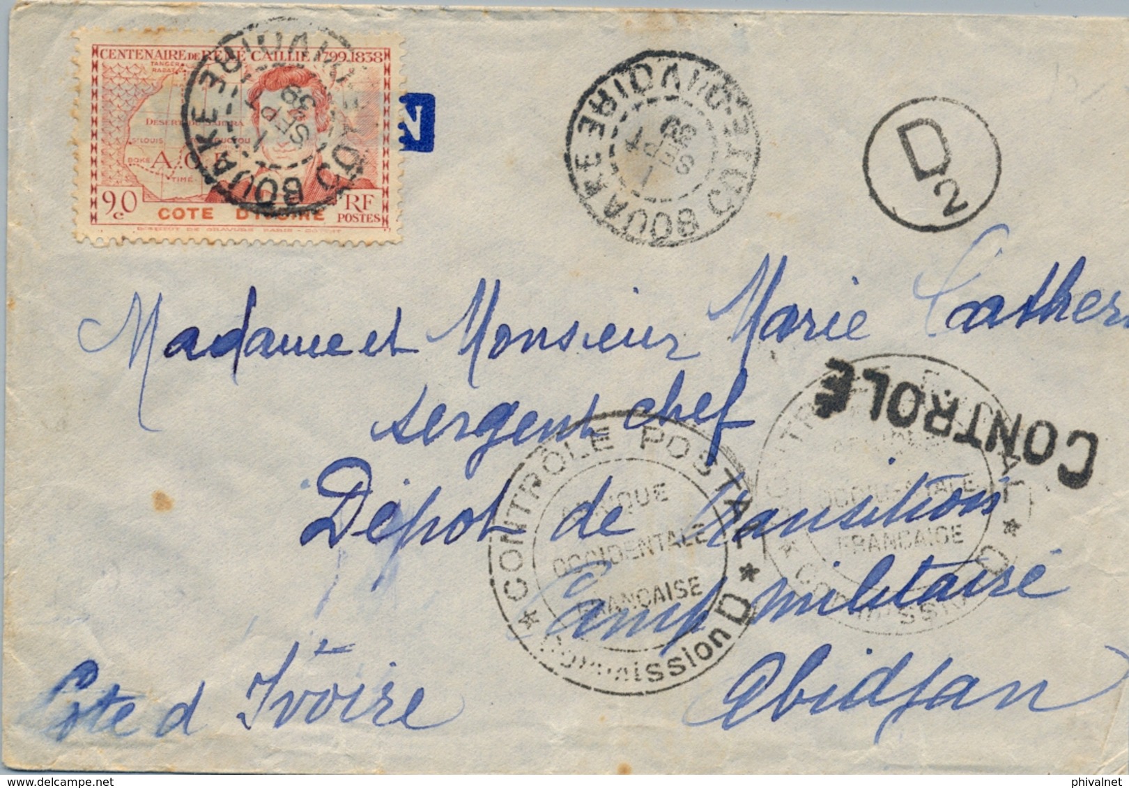 1939 COSTA DE MARFIL , COTE D'IVOIRE , BOUAKE - ABIDJAN , MARCAS DE CENSURA MILITAR - Cartas & Documentos
