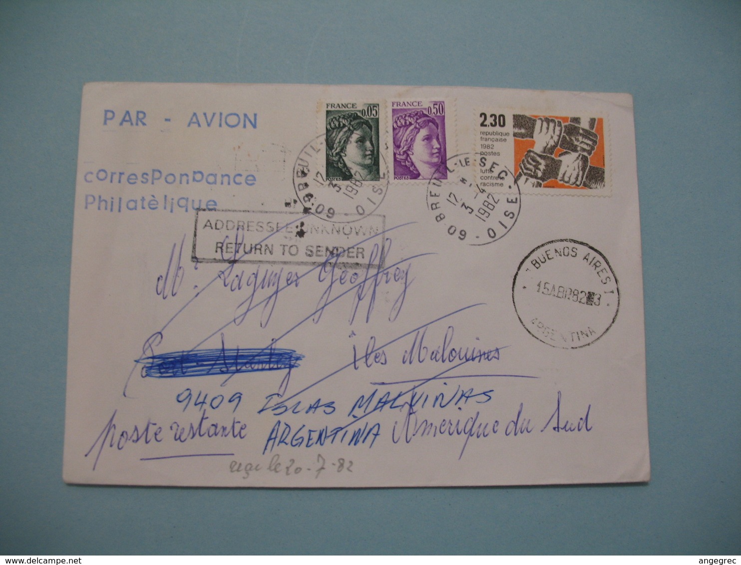 Lettre Philatélique En Poste Restante Pour Iles Malouines Argentine Amérique Du Sud 1982 ; Retour à L'Envoyeur Voir Scan - 1961-....