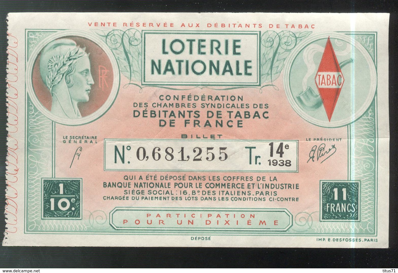 Billet De Loterie - 1/10 Confédération Des Débitants De Tabac 14ème Tranche 1938 - Billets De Loterie