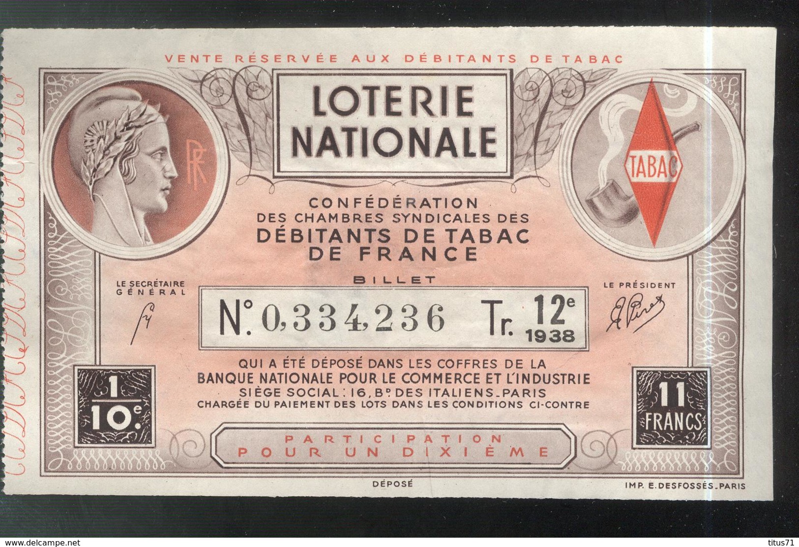 Billet De Loterie - 1/10 Confédération Des Débitants De Tabac 12ème Tranche 1938 - Billets De Loterie