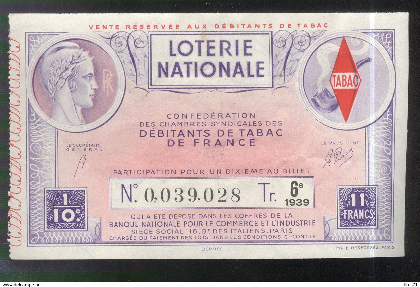 Billet De Loterie - 1/10 Confédération Des Débitants De Tabac 6ème Tranche 1939 - Billets De Loterie