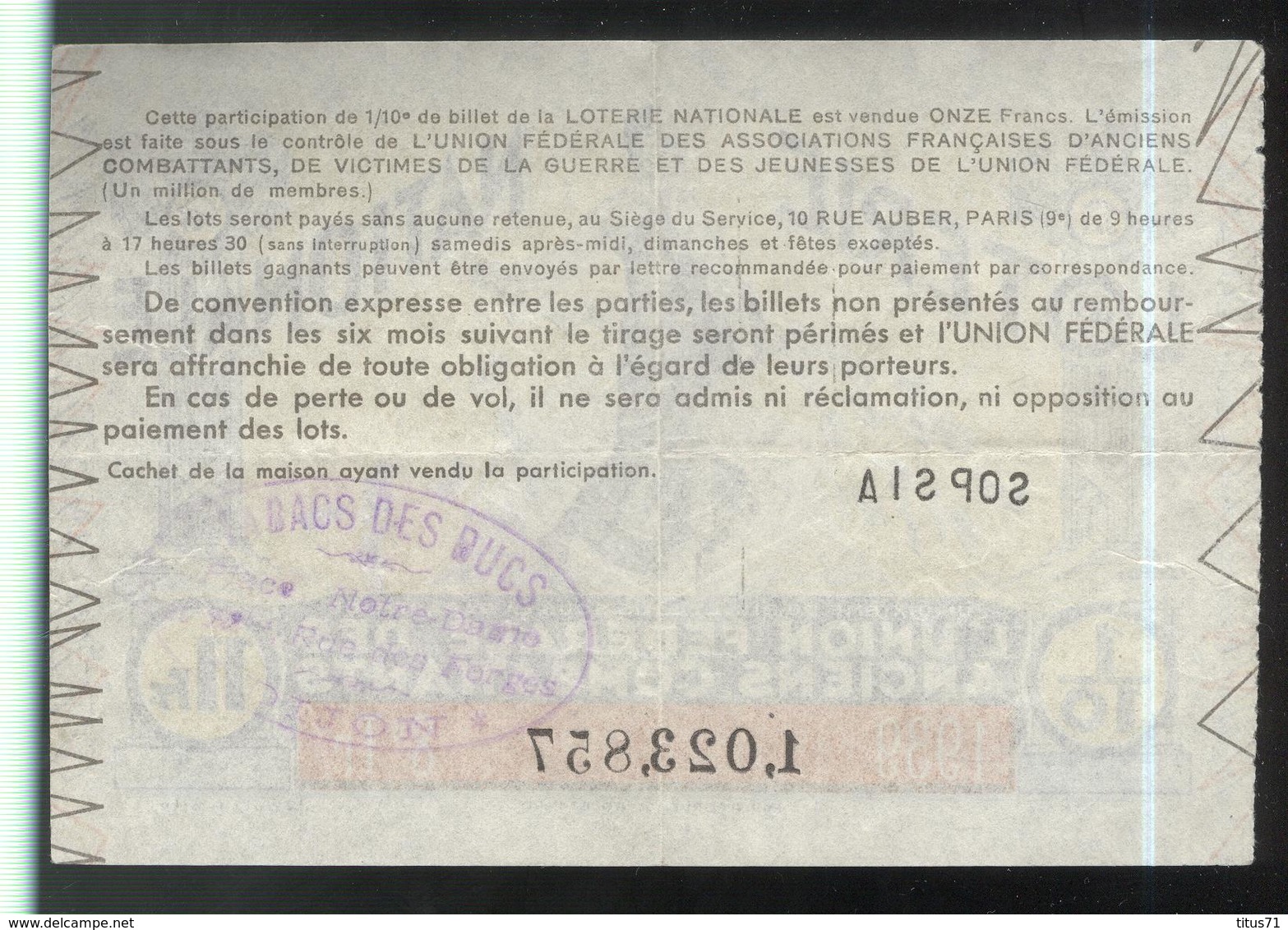 Billet De Loterie - 1/10 Union Fédérale Des Anciens Combattants 8ème Tranche 1939 - Billets De Loterie