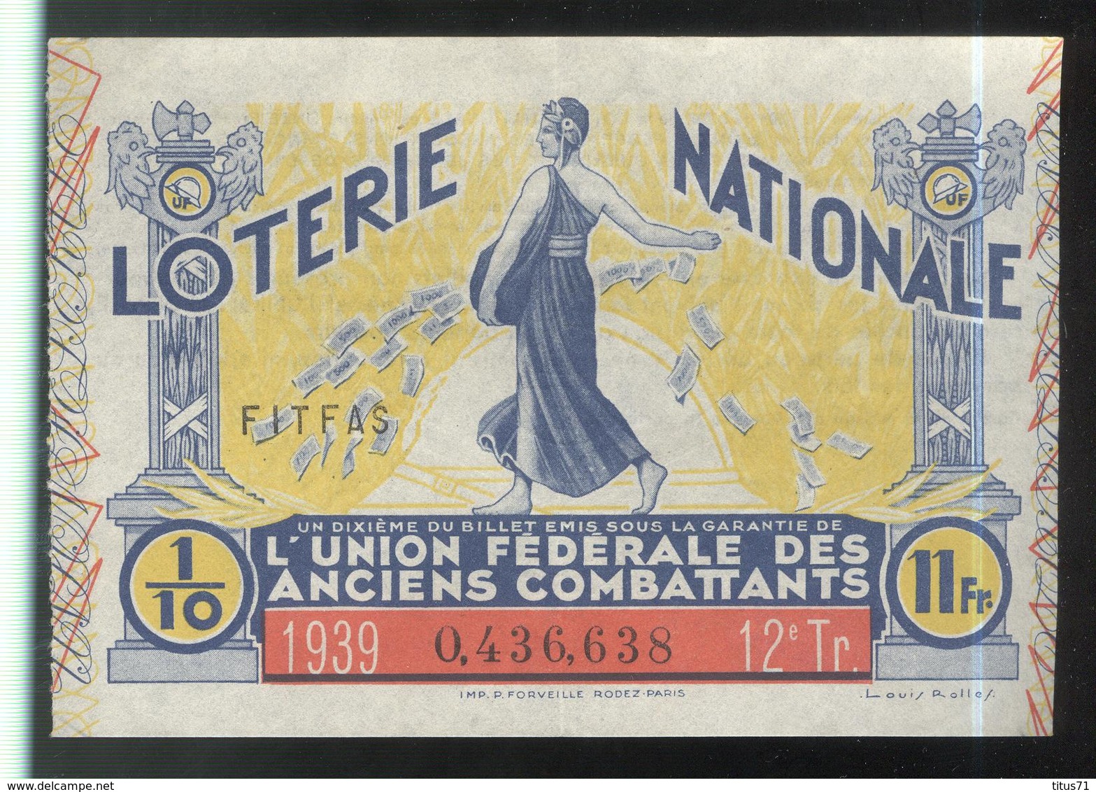 Billet De Loterie - 1/10 Union Fédérale Des Anciens Combattants 12ème Tranche 1939 - Billets De Loterie