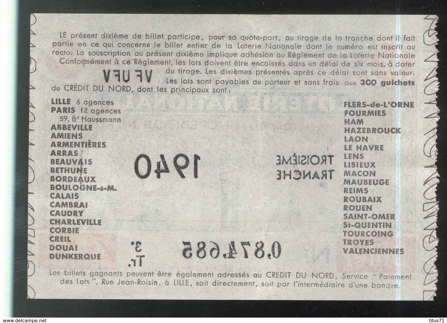 Billet De Loterie Nationale - Emis Sous Le Contrôle Du Crédit Du Nord - 3ème Tranche 1940 - Billets De Loterie