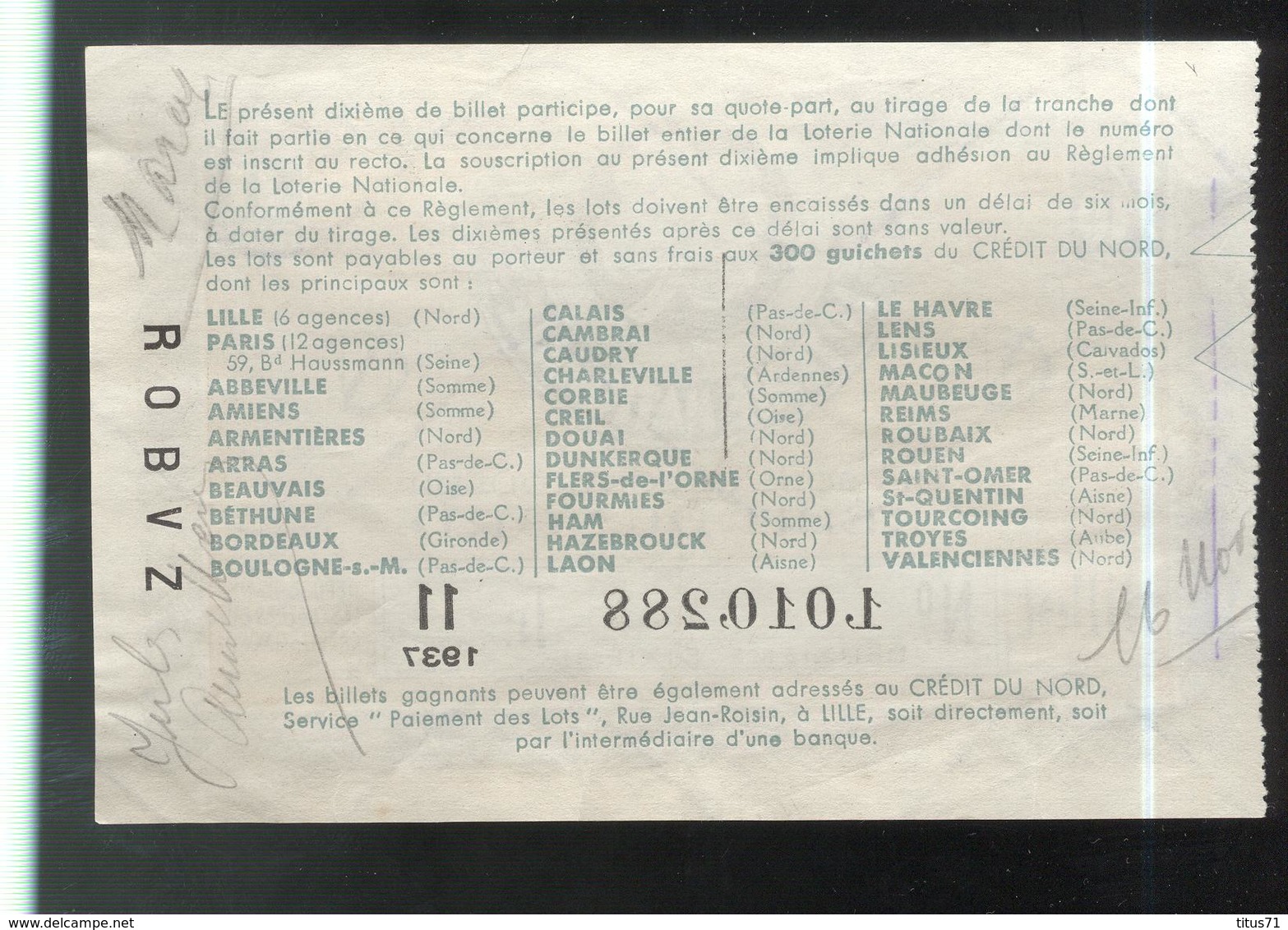 Billet De Loterie Nationale - Emis Sous Le Contrôle Du Crédit Du Nord - 11ème Tranche 1937 - Billets De Loterie