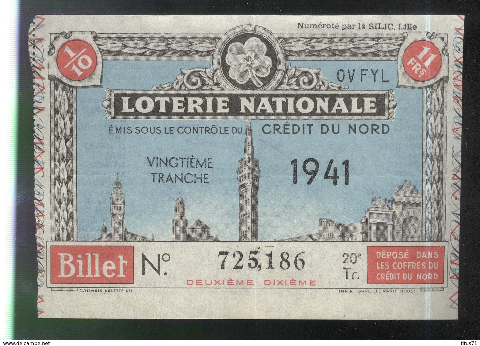 Billet De Loterie Nationale - Emis Sous Le Contrôle Du Crédit Du Nord - 20ème Tranche 1941 - Billets De Loterie