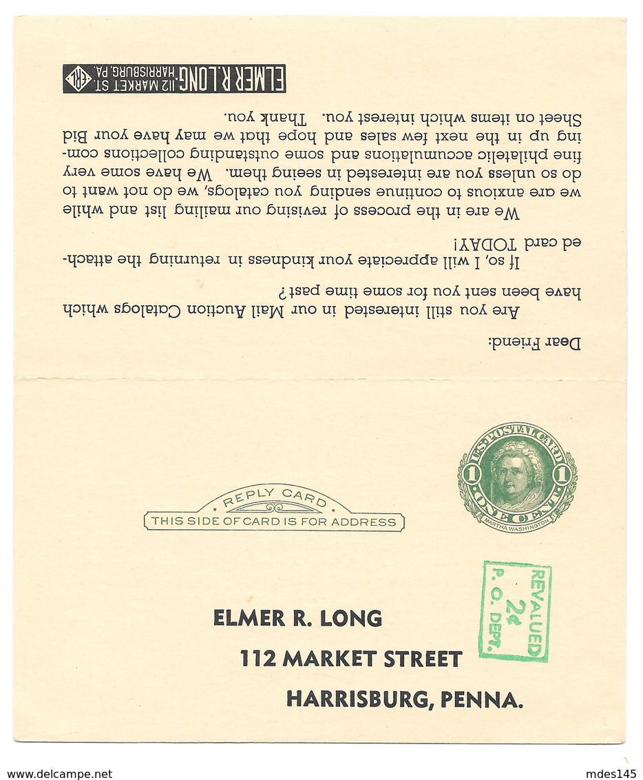 USA Scott UY14 Harrisburg PA Elmer Long Stamp Dealer 1953 Unsevered Paid Reply Postal Card - 1941-60