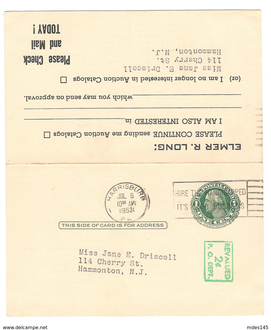 USA Scott UY14 Harrisburg PA Elmer Long Stamp Dealer 1953 Unsevered Paid Reply Postal Card - 1941-60