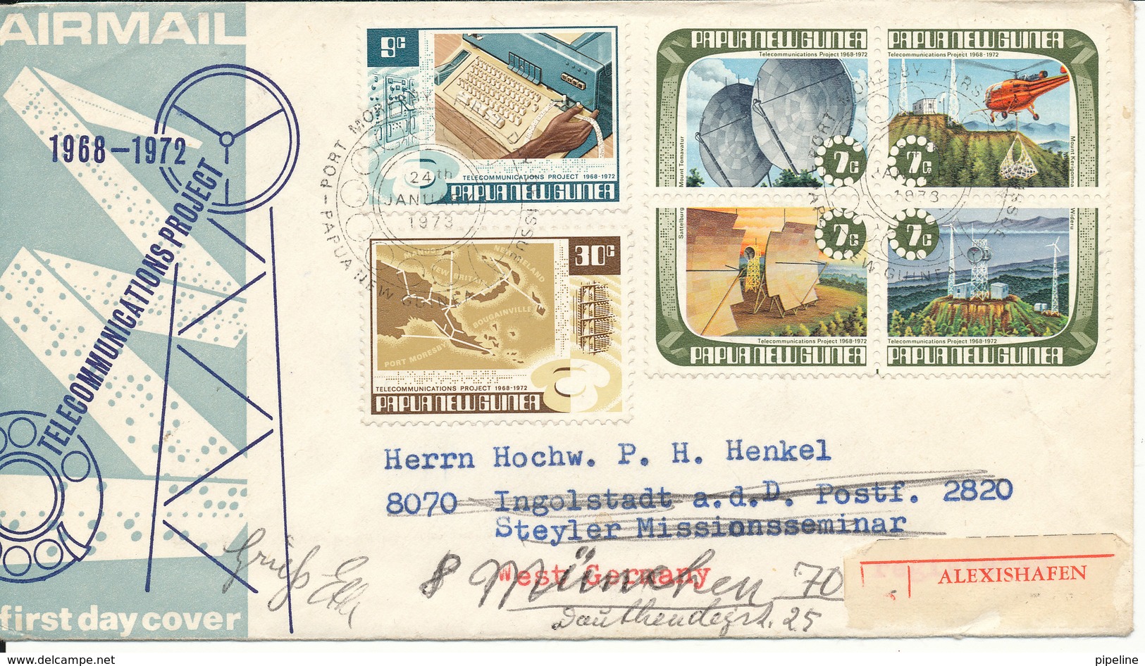 Papua New Guinea Registered FDC 24-1-1973 Set Of 6 Telecommunication With Cachet Sent To Germany - Papua New Guinea