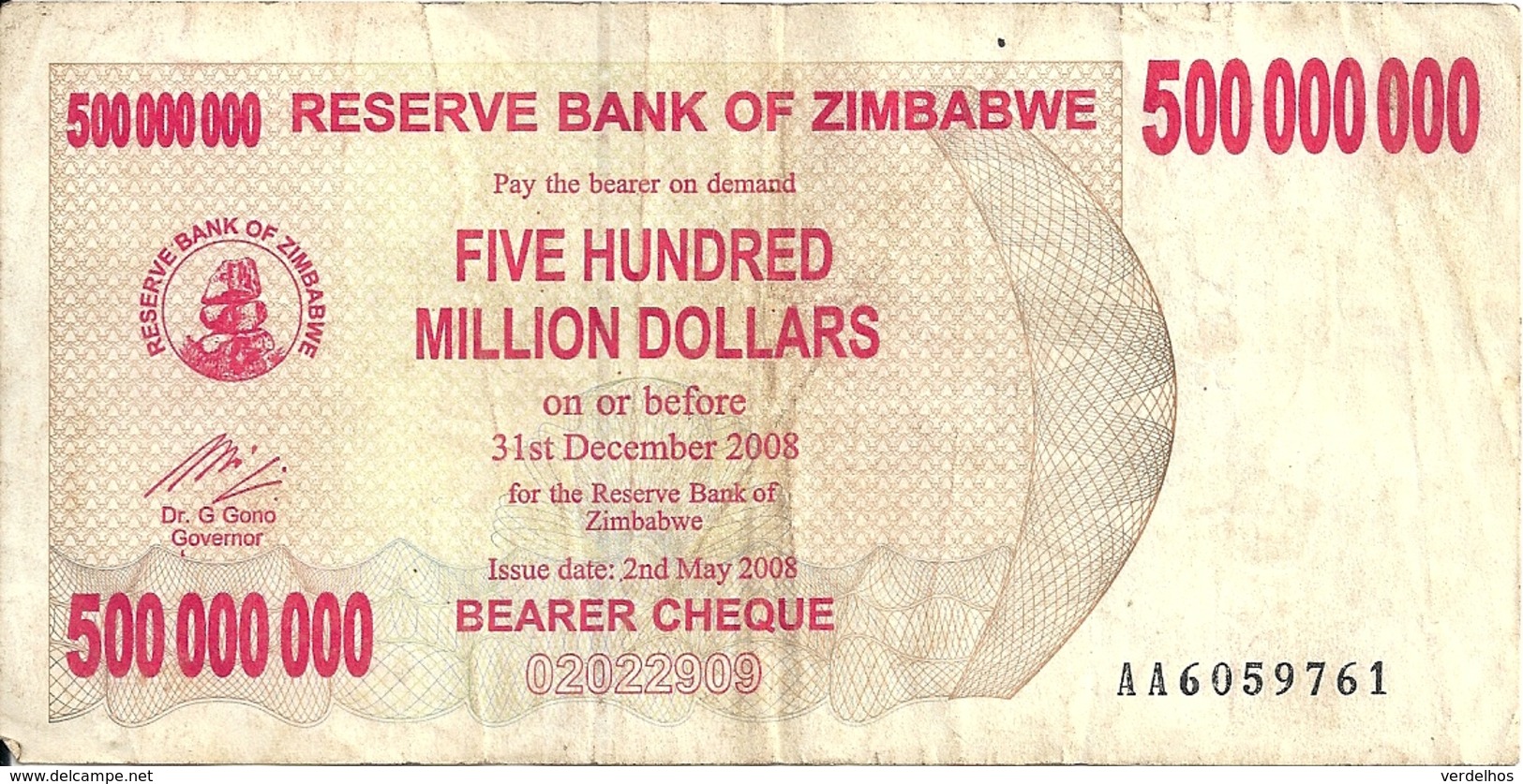ZIMBABWE  500 MILLION  DOLLARS BEARER CHEQUE 2008 VF P 60 - Zimbabwe
