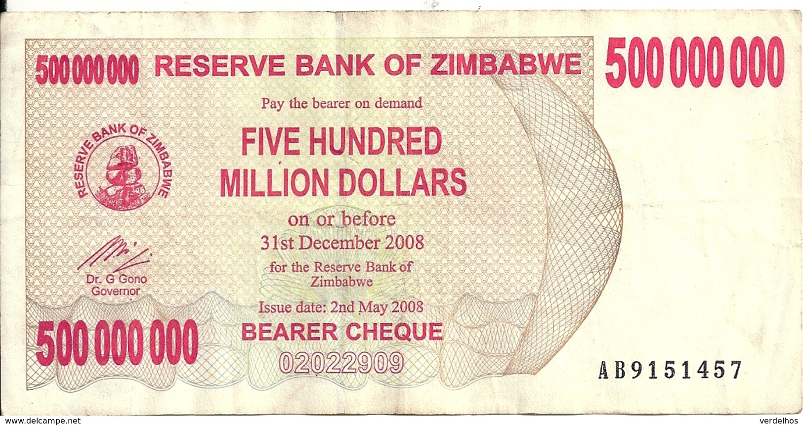 ZIMBABWE  500 MILLION  DOLLARS BEARER CHEQUE 2008 VF P 60 - Zimbabwe