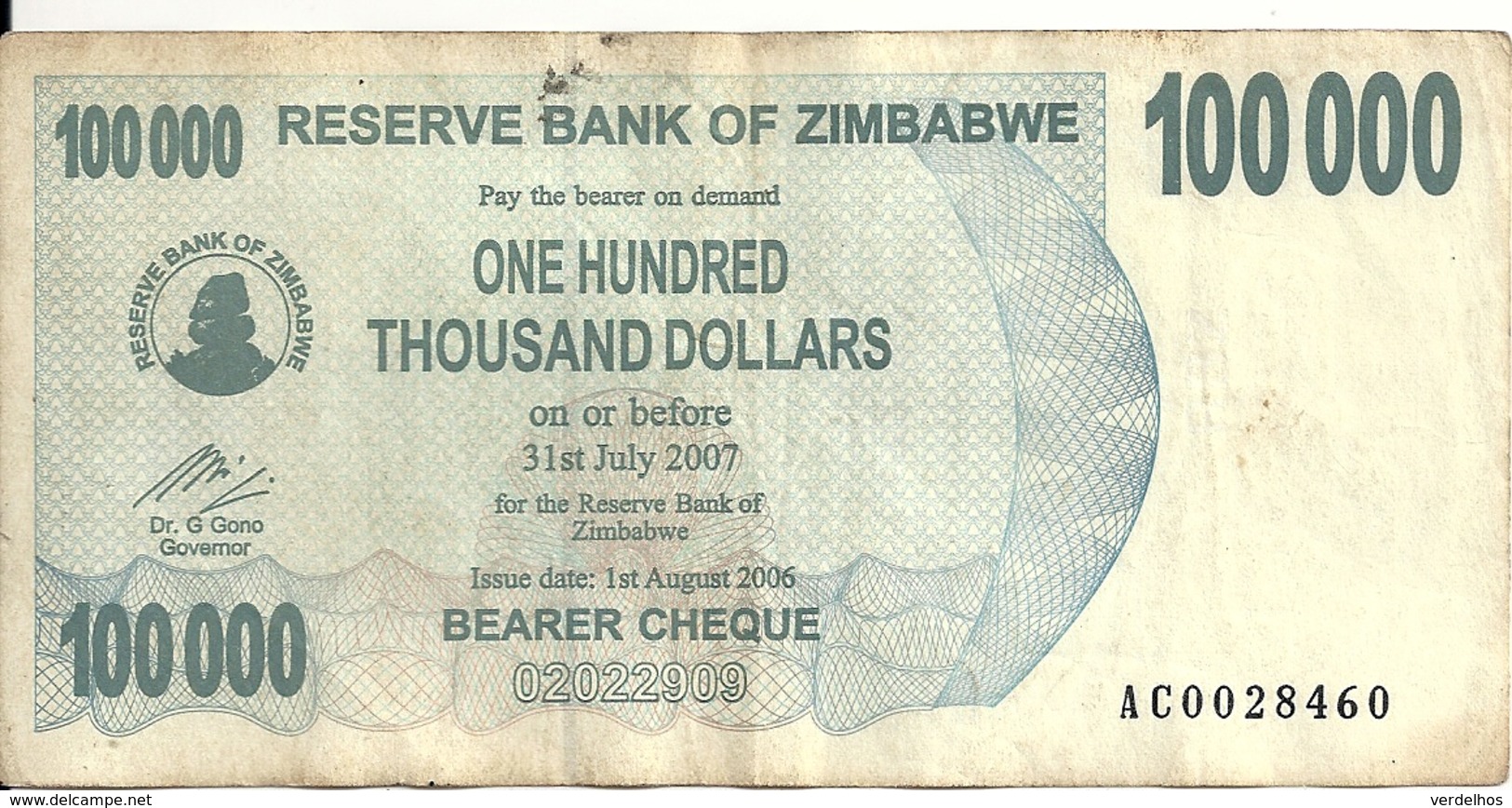 ZIMBABWE 100000  DOLLARS  BEARER CHEQUE  2006 VF P 48 B - Zimbabwe