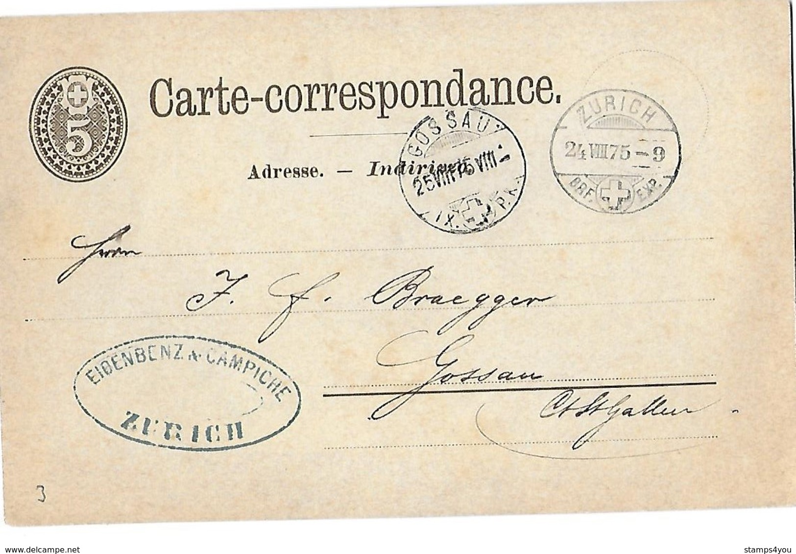 163 - 5 - Entier Postal Avec Cachets à Date  Zürich Et Gossau 1875 - Entiers Postaux