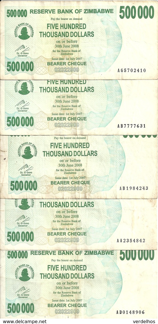 ZIMBABWE 500000 DOLLARS  BEARER CHEQUE 2007 VF P 51 ( 5 Billets ) - Simbabwe