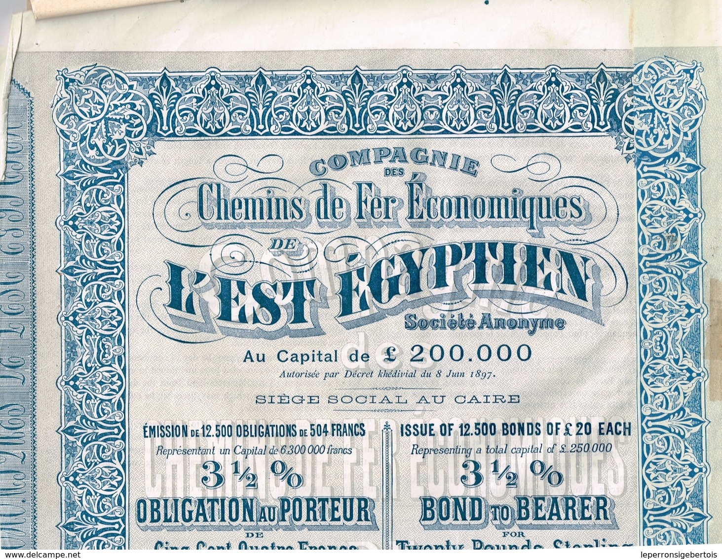 Obligation Ancienne - Compagnie Des Chemins De Fer Economiques De L'Est Egyptien - Titre De 1897 - - Chemin De Fer & Tramway