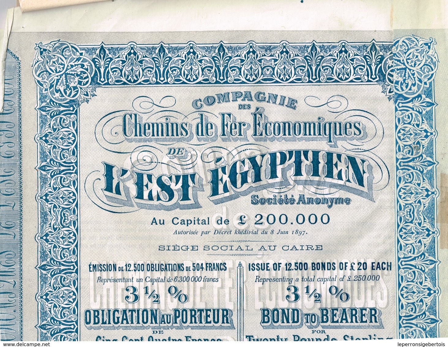 Obligation Ancienne - Compagnie Des Chemins De Fer Economiques De L'Est Egyptien - Titre De 1897 - - Spoorwegen En Trams