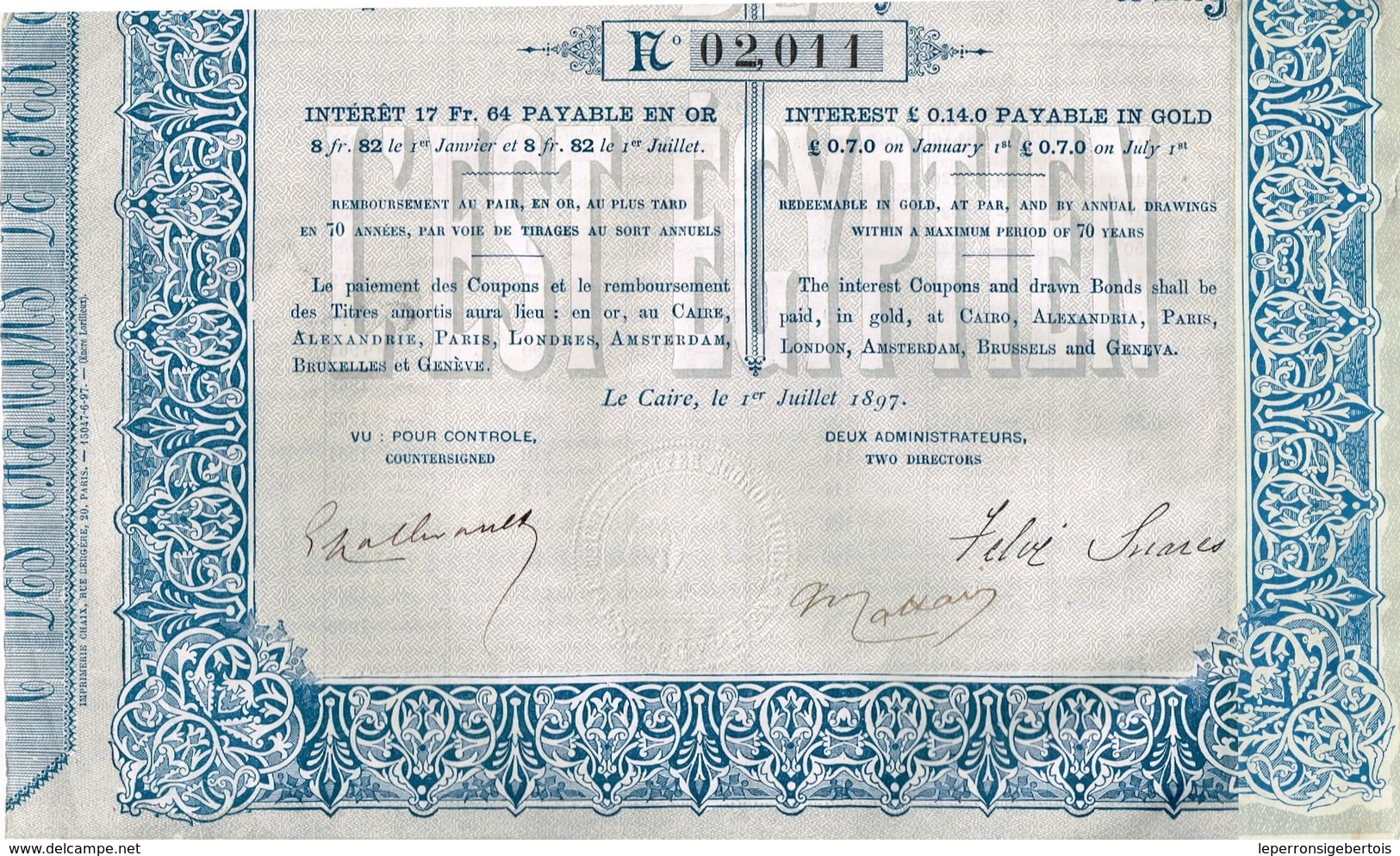 Obligation Ancienne - Compagnie Des Chemins De Fer Economiques De L'Est Egyptien - Titre De 1897 - - Chemin De Fer & Tramway