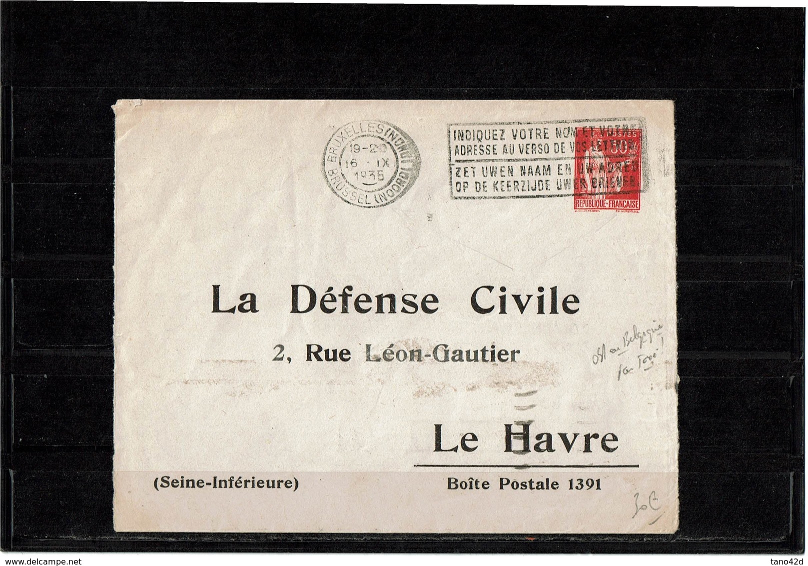 LPHTX1218- ENVELOPPE PAIX 50c REPIQUAGE "LA DEFENSE CIVILE" OBL. EN BELGIQUE 16/9/1935 NON TAXEE - Enveloppes Types Et TSC (avant 1995)