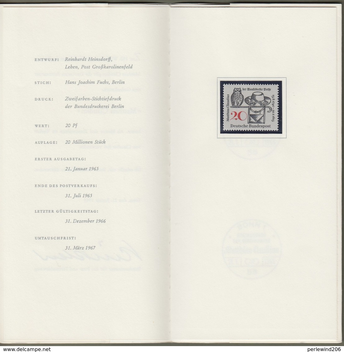 Bund : Minister Card - Ministerkarte Typ III, Mi-Nr. 462 ** U. ESST : " Todestag Des Dichters Matthias Claudius "  R   X - Briefe U. Dokumente