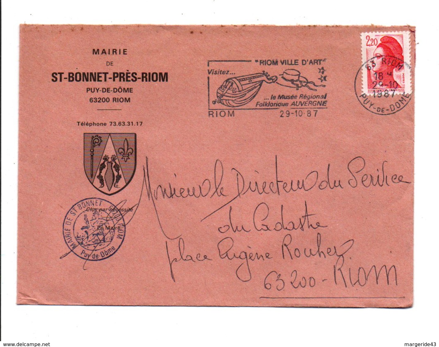 LETTRE DE MAIRIE DE SAINT-BONNET-PRES-RIOM PUY DE DOME - 1961-....