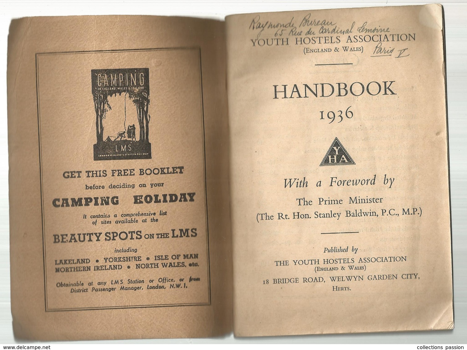 Handbook Of Hostels , England ,Wales & Ireland ,Y.H.A. ,1936, 116 Pages, 5 Scans Frais Fr 4.85 E - Europe