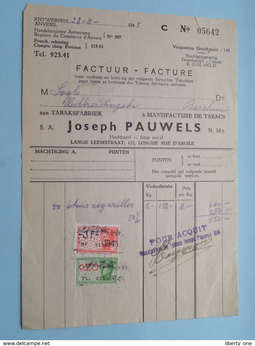 TABAKFABRIEK Joseph PAUWELS Man. Tabac > ANTWERPEN Lange Leemstraat () 1945 ! - 1900 – 1949