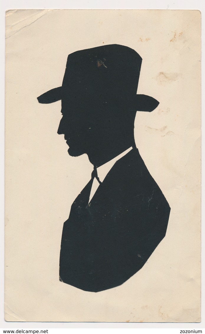 1929 Silhouette Man W Hat, Homme Original Vintage Hand Made Silouette Siluette Old Card - Silhouettes