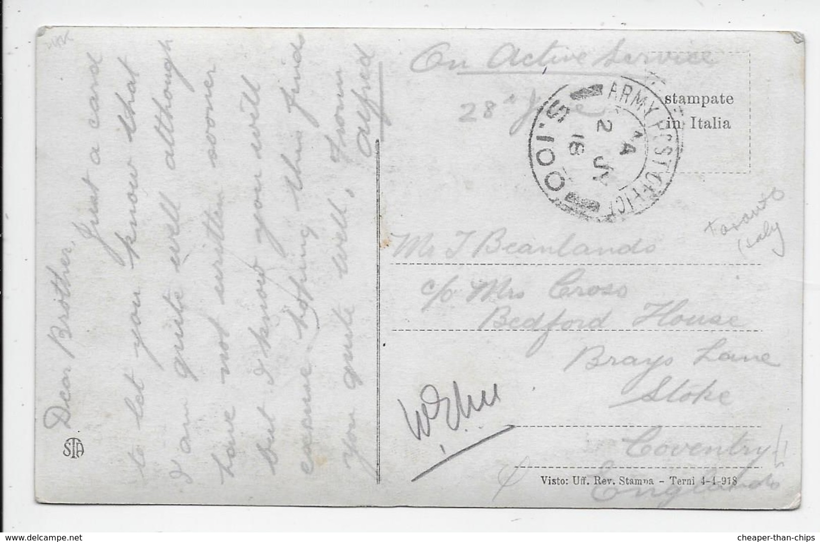 APO S100 - Used Taranto 1917-1919 - On PC - Postmark Collection