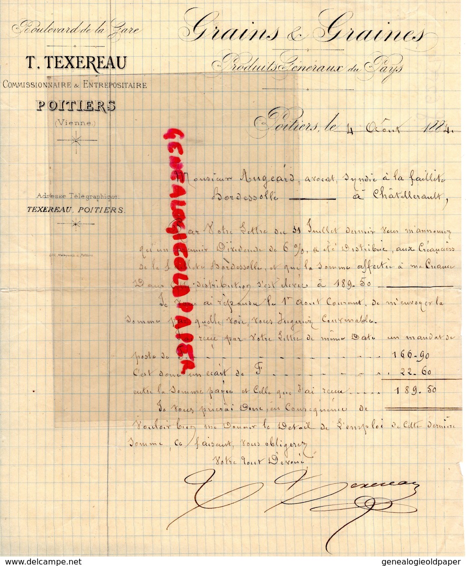 86- POITIERS- RARE LETTRE MANUSCRITE SIGNEE T. TEXEREAU- GRAINS GRAINES- BOULEVARD DE LA GARE-1884 - 1800 – 1899